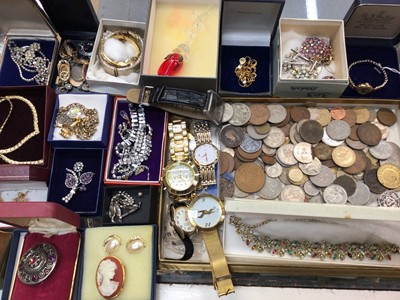 Lot 975 - Collection of vintage costume jewellery, wristwatches including gold watch, bijouterie and coins etc
