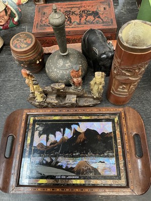 Lot 139 - Indian red lacquered box, Brazilian butterfly wing tray, mixed metal vase and cover, other items