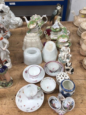 Lot 43 - Group of ceramics and glass, including a Karl Ens bird, Dresden double salt, Salviati style candlestick, jelly moulds, Caughley tea caddy, floral painted tea set, etc