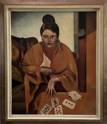 Lot 49 - After Wyndham Lewis oil on board - The Fortune Teller, 49cm x 59cm, framed