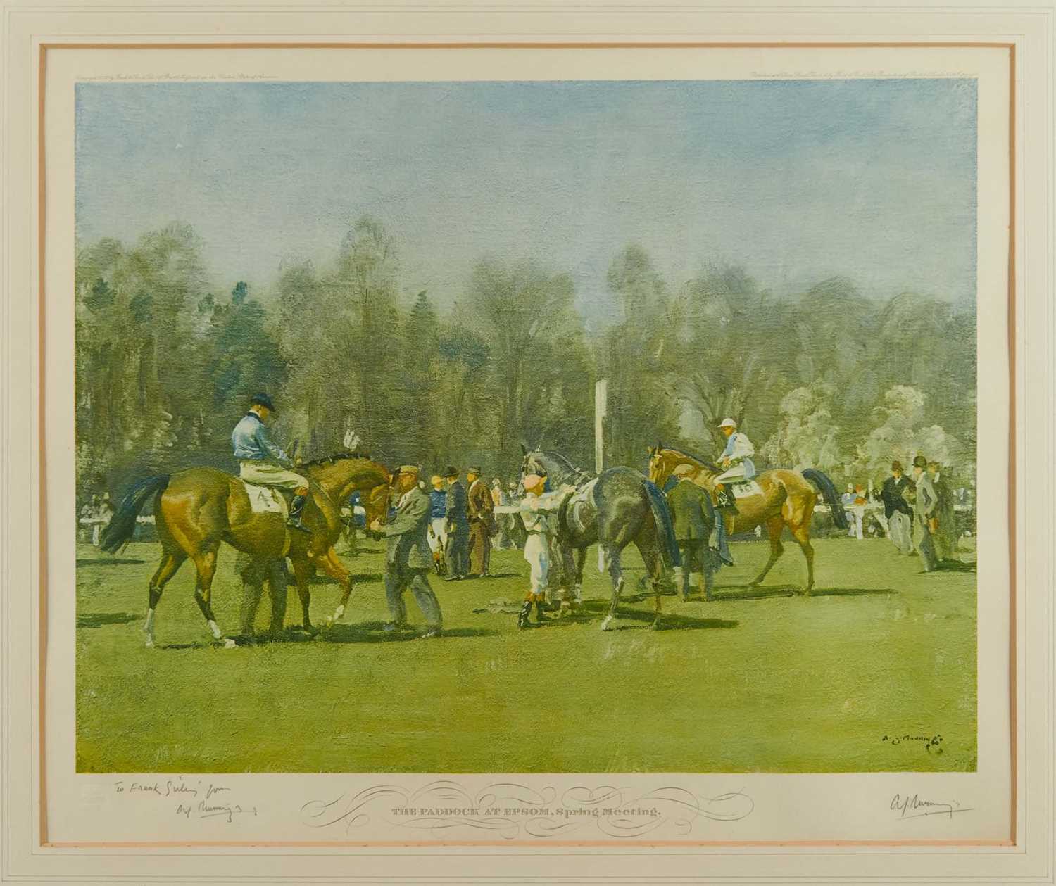 Lot 966 - *Sir Alfred Munnings signed print - The Paddock at Epsom, with dedication to Frank Girling, published by Frost & Reed, in glazed frame