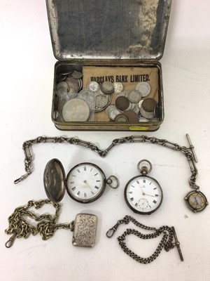Lot 63 - Omega silver pocket watch, Victorian silver full hunter pocket watch, two silver watch chains, one other chain with silver vesta fob, plus various coins within a vintage tin