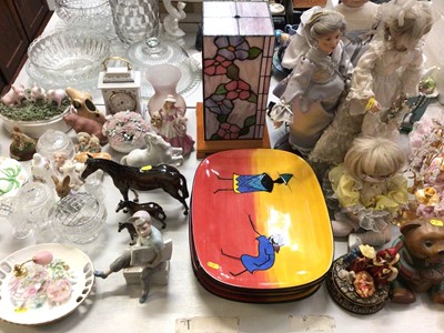 Lot 300 - Beswick trio of horses, other animal ornaments, Nao figure, dolls, table lamp and other decorative ceramics