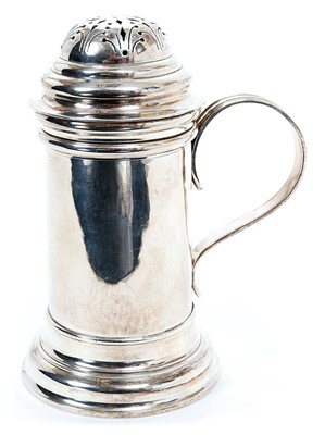 Lot 297 - 1930s silver kitchen pepper of cylindrical form in the Georgian style, with side mounted handle