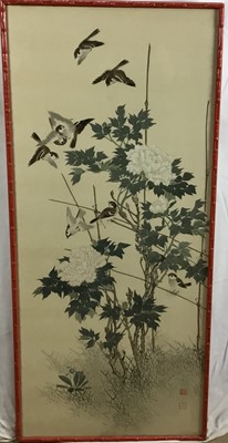 Lot 294 - Pair of Chinese paintings on silk in red painted faux bamboo frames