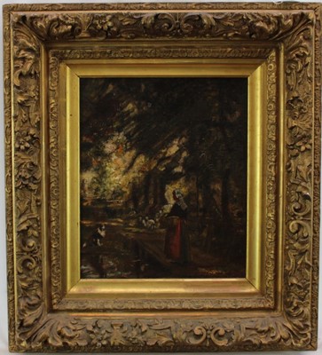 Lot 1064 - John Lochhead (1866-1921) oil on canvas board, "Homewards", signed, artists card verso, 33cm x 28cm, in gilt frame