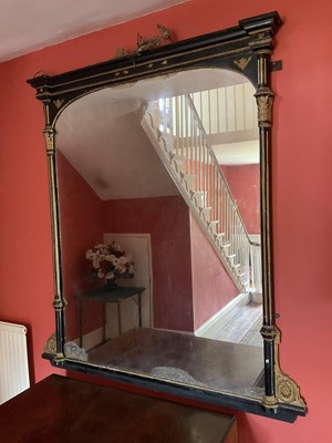 Lot 1292 - Very large Victorian ebonised overmantel mirror.