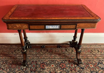 Lot 1293 - Fine quality mid-19th century amboyna and satinwood inlaid card table, with Wedgwood jasperware plaque.