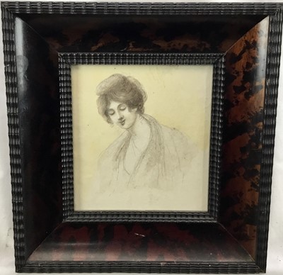 Lot 91 - 19th century English School - pencil study of a woman, 14cm x 16cm, in faux tortoiseshell frame.
