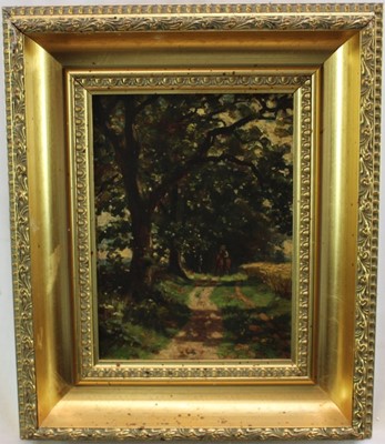 Lot 1074 - Allan Ramsey, early 20th century oil on board, figure on a track, 21cm x 16cm, in gilt frame.