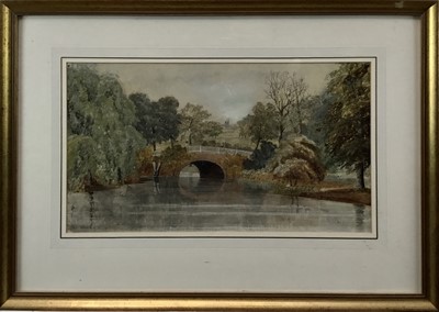 Lot 135 - English School, early 19th century watercolour - a country park with church tower beyond, inscribed indistinctly