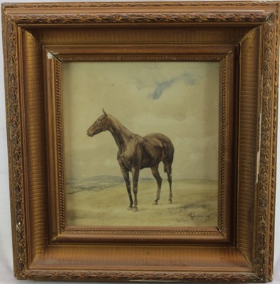 Lot 995 - C. T. Bruen, early 20th century, watercolour, horse in a landscape, signed and dated '09, 26cm x 24cm, in glazed gilt frame