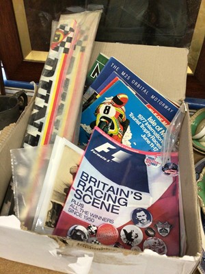 Lot 112 - Box of automobilia, including magazines, badges, trophies, etc