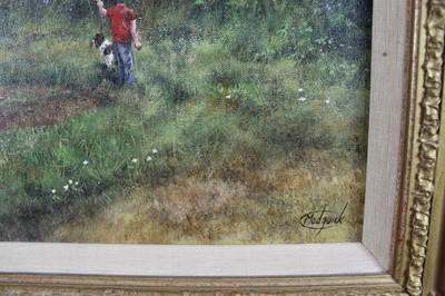 Lot 983 - *Clive Madgwick (1934-2005) acrylic on canvas - Harvest scene entitled 'A evening draws near’, signed, 41cm x 56cm, in gilt frame