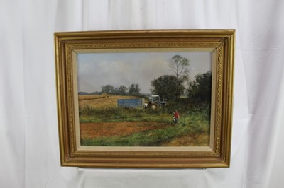 Lot 983 - *Clive Madgwick (1934-2005) acrylic on canvas - Harvest scene entitled 'A evening draws near’, signed, 41cm x 56cm, in gilt frame