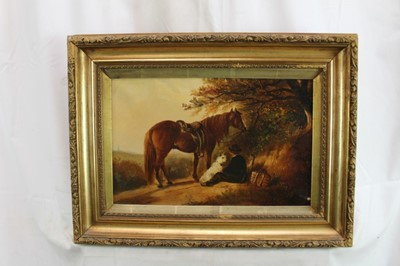 Lot 1081 - Follower of Edward Smythe, oil on canvas, Boy resting with horse and dog, bears signature.