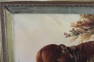 Lot 1081 - Follower of Edward Smythe, oil on canvas, Boy resting with horse and dog, bears signature.