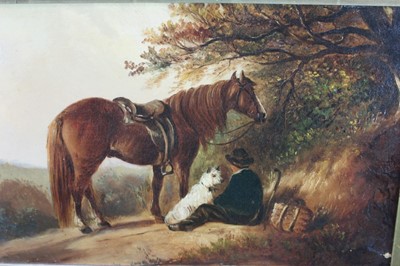 Lot 1081 - Follower of Edward Smythe, oil on canvas, Boy resting with horse and dog, bears signature.