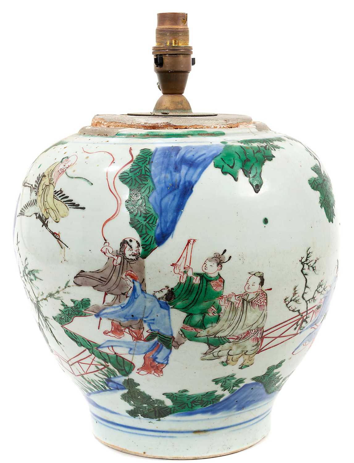Lot 718 - Chinese bulbous famille verte vase, now as a lamp