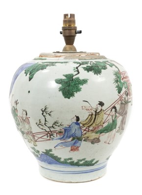 Lot 718 - Chinese bulbous famille verte vase, now as a lamp
