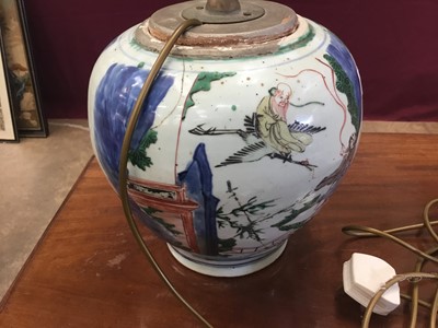 Lot 718 - Chinese bulbous famille verte vase, now as a lamp