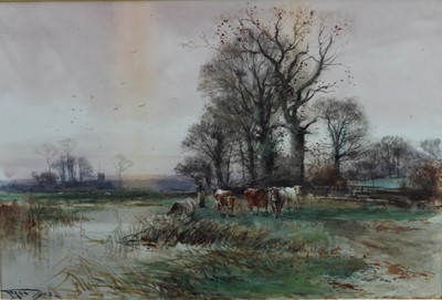 Lot 1086 - Henry Charles Fox (1860-1929) watercolour, figure and cattle by the river, signed and dated 1903.