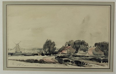 Lot 1010 - Edward Seago (1910-1974) pen and wash, Windy day, Thurne, signed, with original Colnaghi’s label verso.