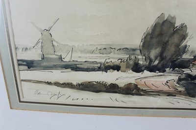 Lot 1010 - Edward Seago (1910-1974) pen and wash, Windy day, Thurne, signed, with original Colnaghi’s label verso.