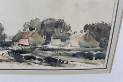 Lot 1010 - Edward Seago (1910-1974) pen and wash, Windy day, Thurne, signed, with original Colnaghi’s label verso.