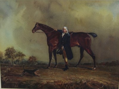 Lot 998 - English School, 19th century, watercolour - a gentleman and his hunter with a dog beside, 29cm x 39cm, in glazed gilt frame