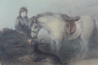 Lot 1019 - Edward Robert Smythe (1810-1899) pastel, girl with a pony and a dog in landscape, signed, 32cm x 46cm, in glazed gilt frame