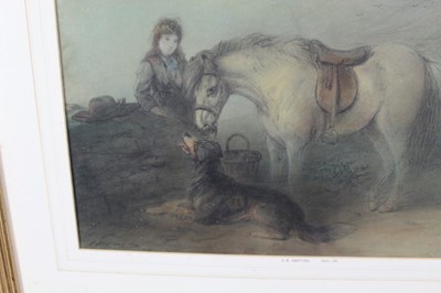 Lot 1019 - Edward Robert Smythe (1810-1899) pastel, girl with a pony and a dog in landscape, signed, 32cm x 46cm, in glazed gilt frame