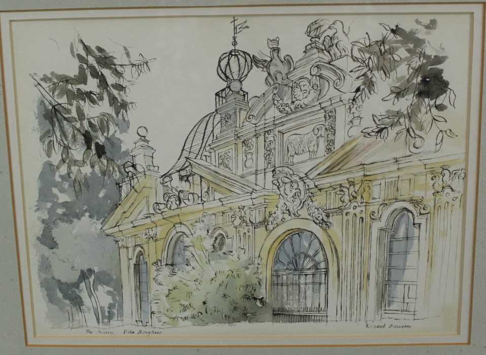 Lot 981 - *Richard Bawden (b. 1936) pen, ink and watercolour - The Aviary, Villa Borghese, signed and inscribed, 26cm x 36cm, in glazed frame