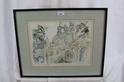 Lot 981 - *Richard Bawden (b. 1936) pen, ink and watercolour - The Aviary, Villa Borghese, signed and inscribed, 26cm x 36cm, in glazed frame