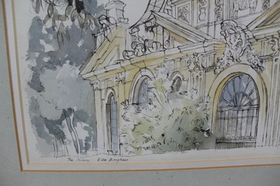 Lot 981 - *Richard Bawden (b. 1936) pen, ink and watercolour - The Aviary, Villa Borghese, signed and inscribed, 26cm x 36cm, in glazed frame
