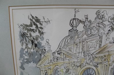 Lot 981 - *Richard Bawden (b. 1936) pen, ink and watercolour - The Aviary, Villa Borghese, signed and inscribed, 26cm x 36cm, in glazed frame