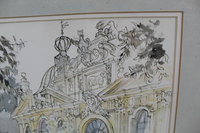 Lot 981 - *Richard Bawden (b. 1936) pen, ink and watercolour - The Aviary, Villa Borghese, signed and inscribed, 26cm x 36cm, in glazed frame