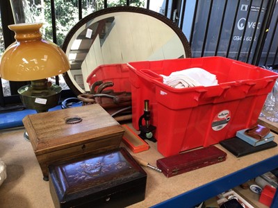 Lot 213 - Sundry items, including an oil lamp, a mirror, a box of linen, a Japanese lacquered box, another Victorian box, etc