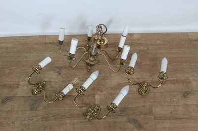 Lot 967 - Antique-style brass hanging electrolier and three matching twin light wall brackets, with shades
