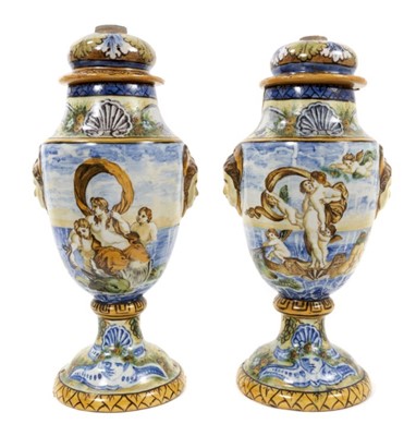 Lot 112 - Pair of unusual antique Italian Maiolica vases with lids formed as oil lamps
