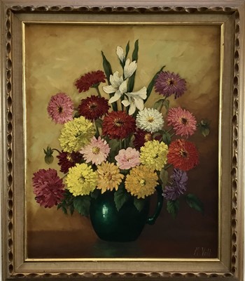 Lot 54 - Magdalene Vahl Canadian school 20th century oil on canvas - 'Zinnias and Marigolds', 61cm x 52cm framed