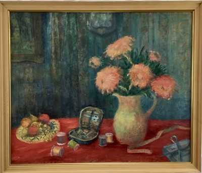 Lot 167 - Marika Eversfield (1914-2014) oil on board - still life with cotton reels, signed, 75cm x 62cm, framed