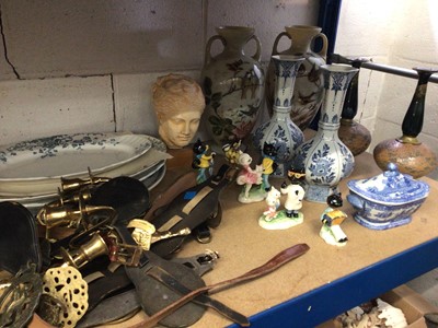 Lot 232 - Four Goebel cat figurines, a pair of Doulton vases, pair of Victorian glass vases painted with birds, Spode tureen, horses brasses, etc