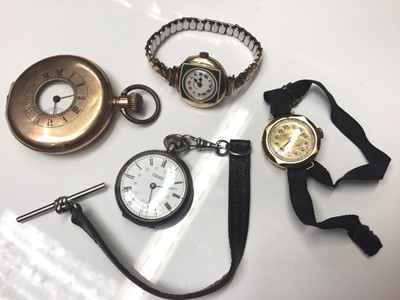 Lot 18 - Two antique 18ct gold cased ladies wristwatches, Labrador silver cased Swiss fob watch on leather watch chain and Waltham gold plated half hunter pocket watch (4)