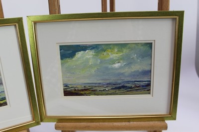 Lot 1004 - *Tom Keating (1917-1984) three oils on board - Extensive Landscapes, signed, 12cm x 20cm, each in glazed gilt frame