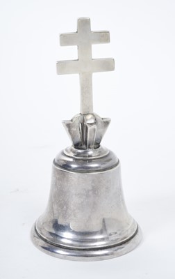 Lot 238 - Edwardian silver table bell of conventional form, the handle modelled as a Patriarchal cross, (London 1902), maker Holland, Aldwinckle & Slaterall, 13ozs, 14cm in overall height.