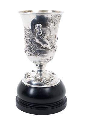 Lot 393 - Good quality Victorian silver goblet of cylinderical form with flared rim and ornate chased decoration depicting an Otter hunt, raised on circular pedestal foot