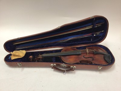 Lot 2224 - Antique violin, cased with two bows