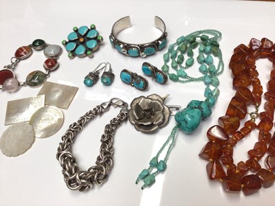 Lot 2 - Group of silver mounted turquoise jewellery, agate bracelet, silver fancy link bracelet, silver flower brooch, amber necklace and four mother of pearl gaming counters