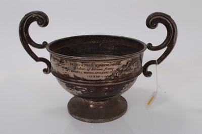 Lot 152 - George VI silver two handled trophy on circular pedestal foot, with engraved presentation inscription to 'Orwell Works Athletic Club 1938'
